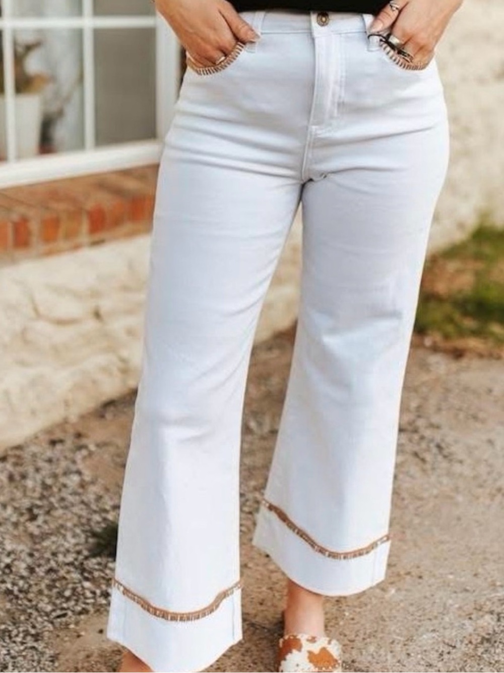 Lucky & Blessed High-Rise White Wide-Leg Jeans with Fringe Trim